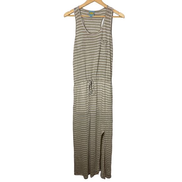 C&C California Striped Maxi Dress Sleeveless Linen Large Beige White Beachy - Picture 1 of 6